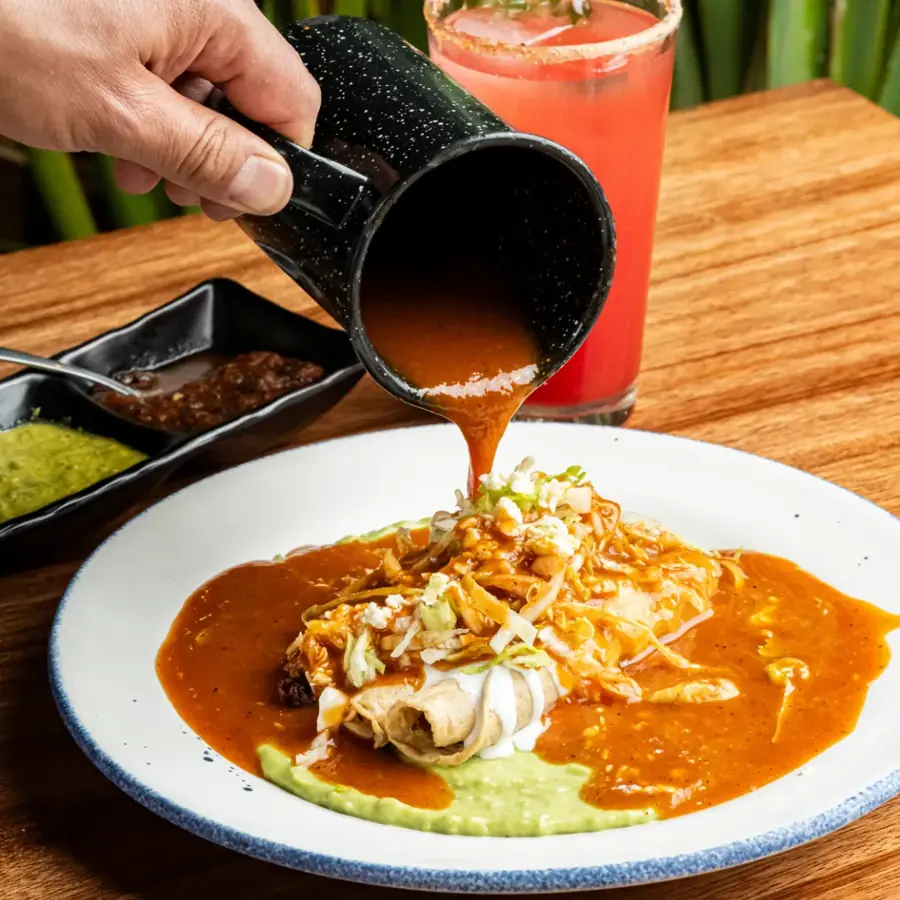 Enchiladas bañadas con salsa roja, crema y aguacate