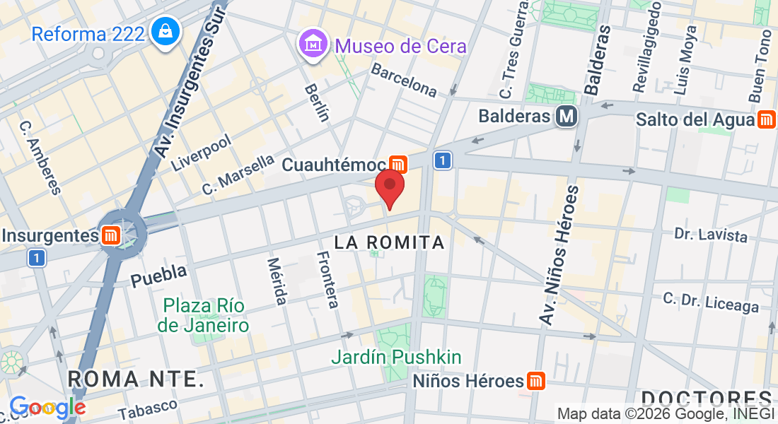 Mapa de Google Maps con la ubicación de La Cantina de Villa, C. Guaymas Local 61, Roma Norte, Ciudad de México